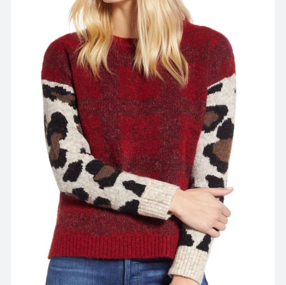 RD Style Red Sweater with Leopard Print Sleeves